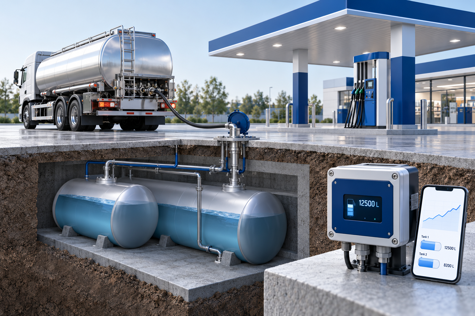 Fuel technology concept: tanker offloading, underground tanks, dispenser, monitoring module and phone graphs.