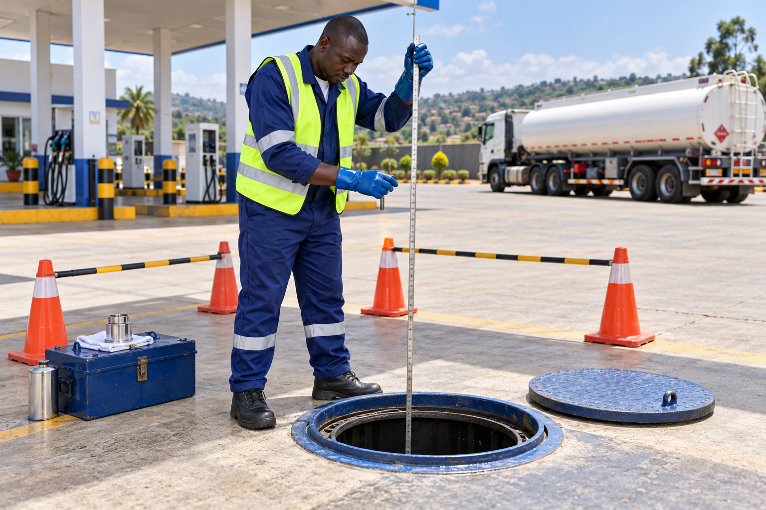 Technician measuring an underground fuel tank with a graduated dip rod.