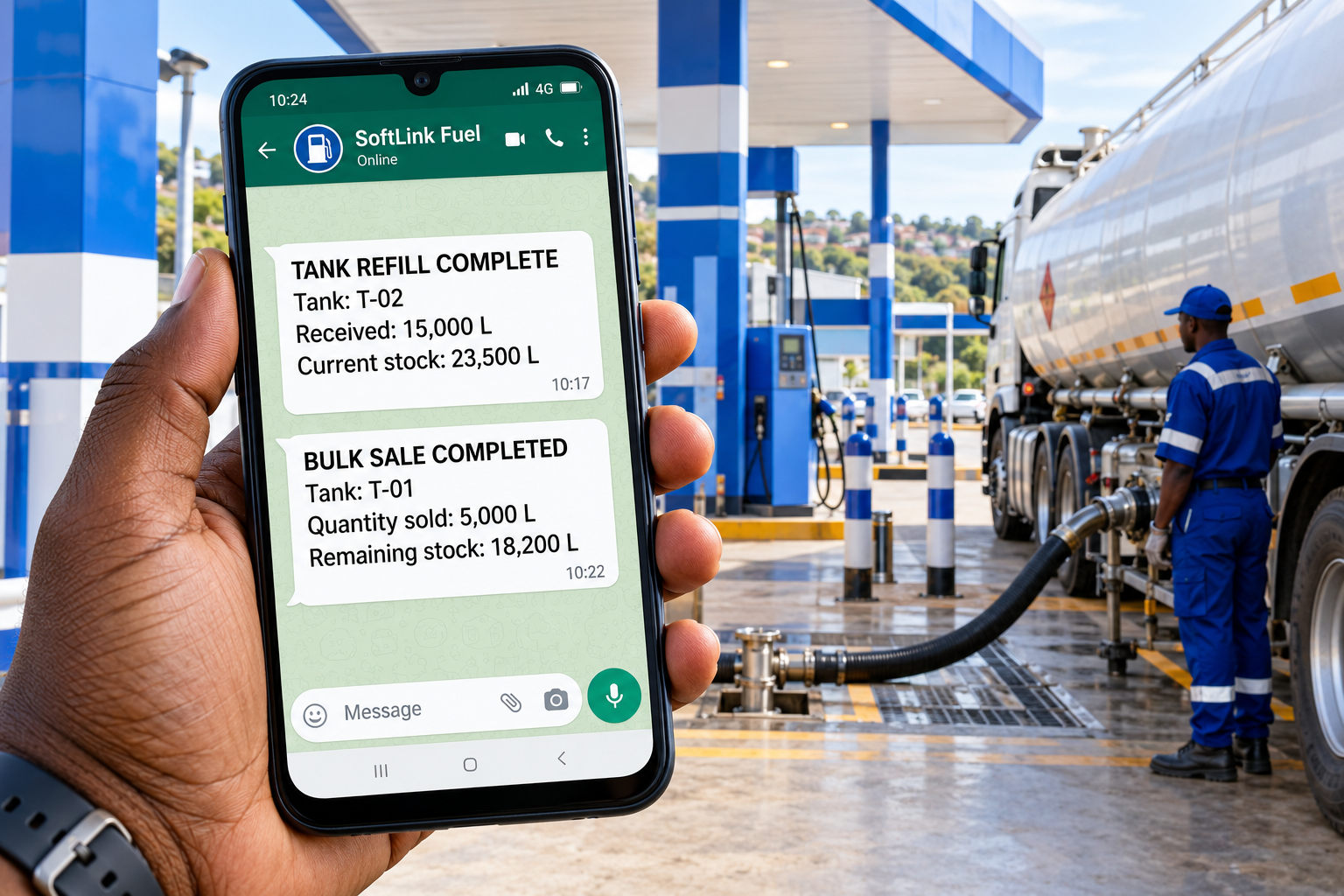 WhatsApp alerts: Tank T-02 refilled with 15,000 litres, current stock 23,500 litres; bulk sale from Tank T-01 of 5,000 litres, remaining stock 18,200 litres. Sample data.